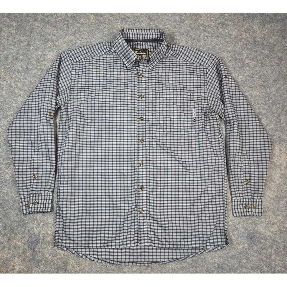 Drake Waterfowl Mens Small Plaid Button Down Fishing Shirt Navy White Check Lite